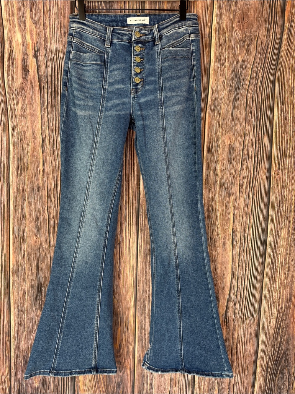 Flying Monkey Medium Blue High-Rise Flare Jeans with Button-Fly
